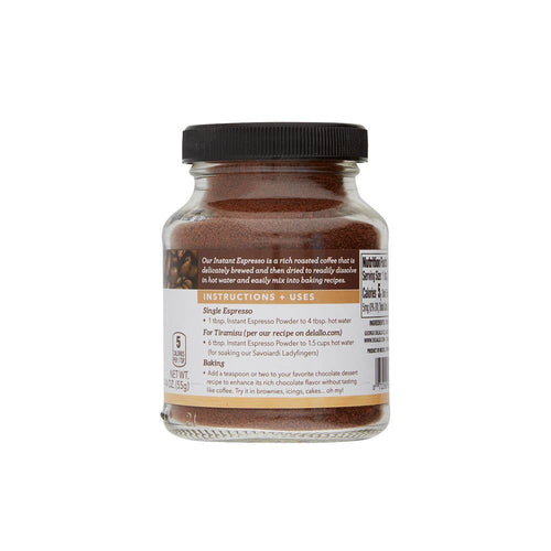 Jar of instant espresso powder with label on a white background