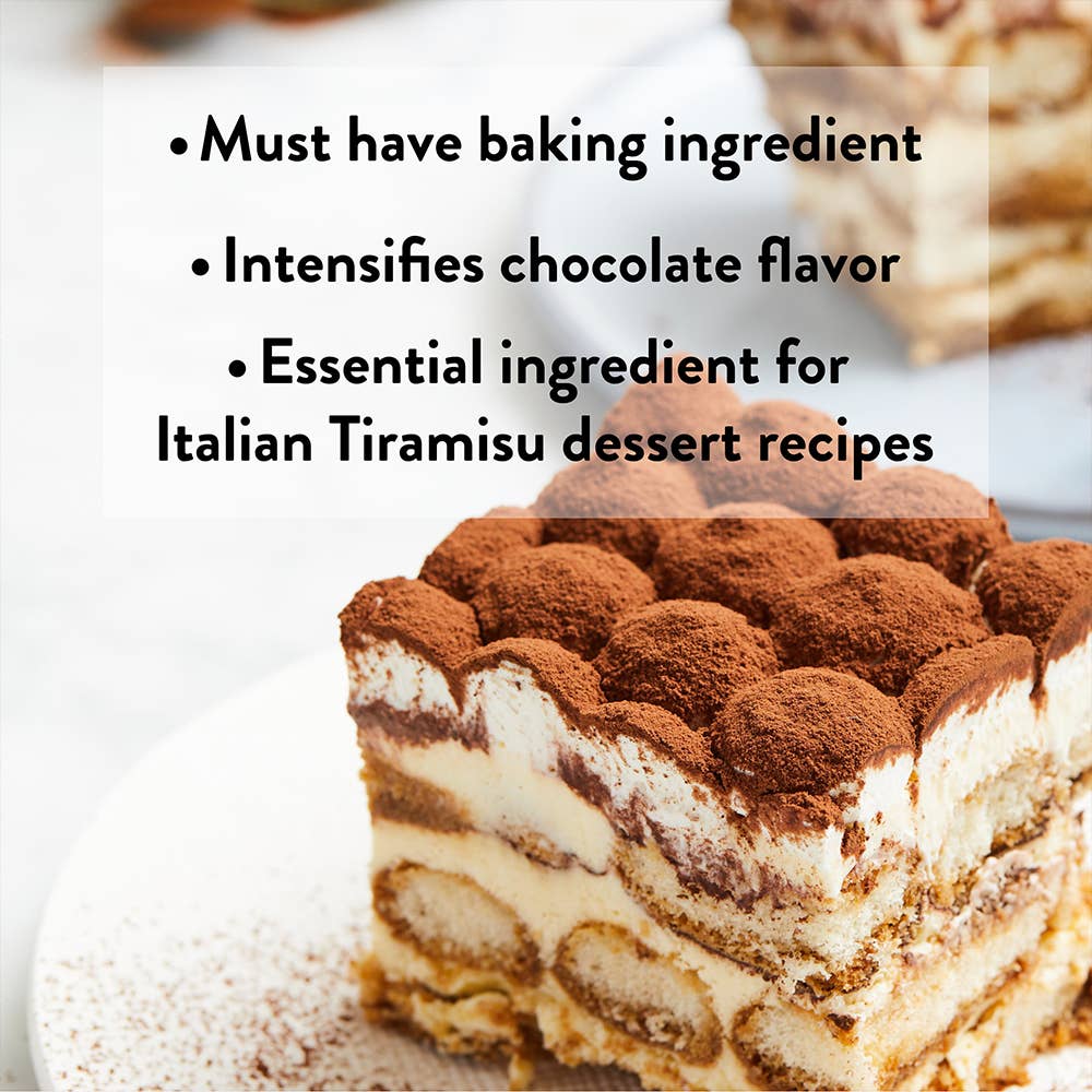 Slice of Italian Tiramisu dessert with cocoa powder on top, text overlay about baking ingredient.
