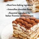 Slice of Italian Tiramisu dessert with cocoa powder on top, text overlay about baking ingredient.