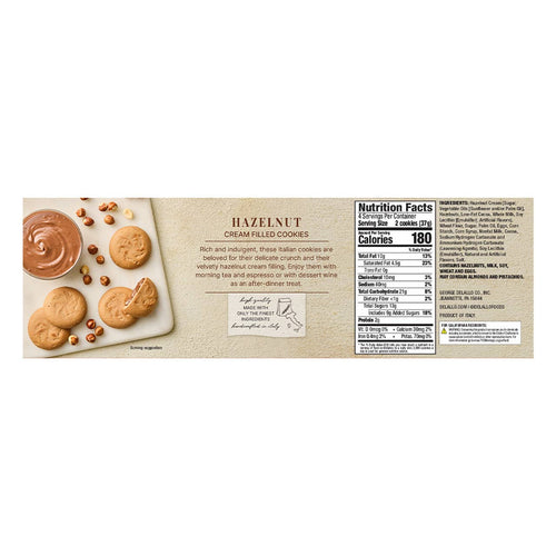 Label for hazelnut cream filled cookies with a small image of cookies and a bowl of hazelnut spread.