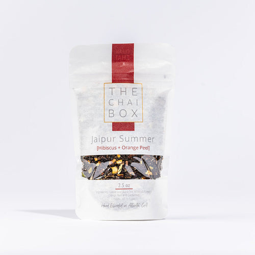 Tea bag from 'The Chai Box' with 'jaipur Summer' flavor on a white background