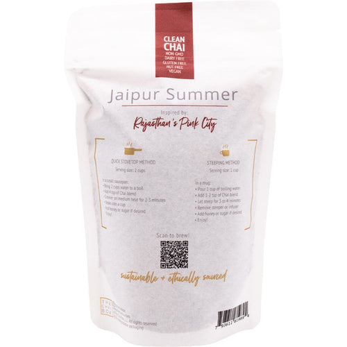 White packaging of Jaipur Summer Clean Chai with text and branding on a white background