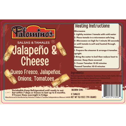 Palomino's Jalapeño & Cheese tamales label with heating instructions and ingredients list.