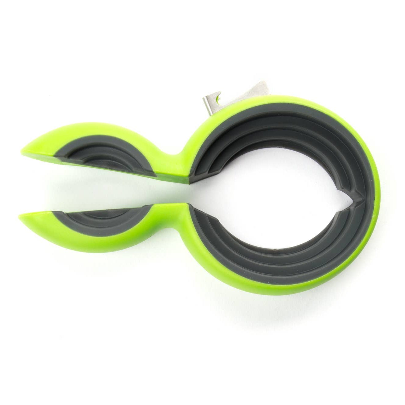 Green and gray silicone ring with a white object inside on a white background