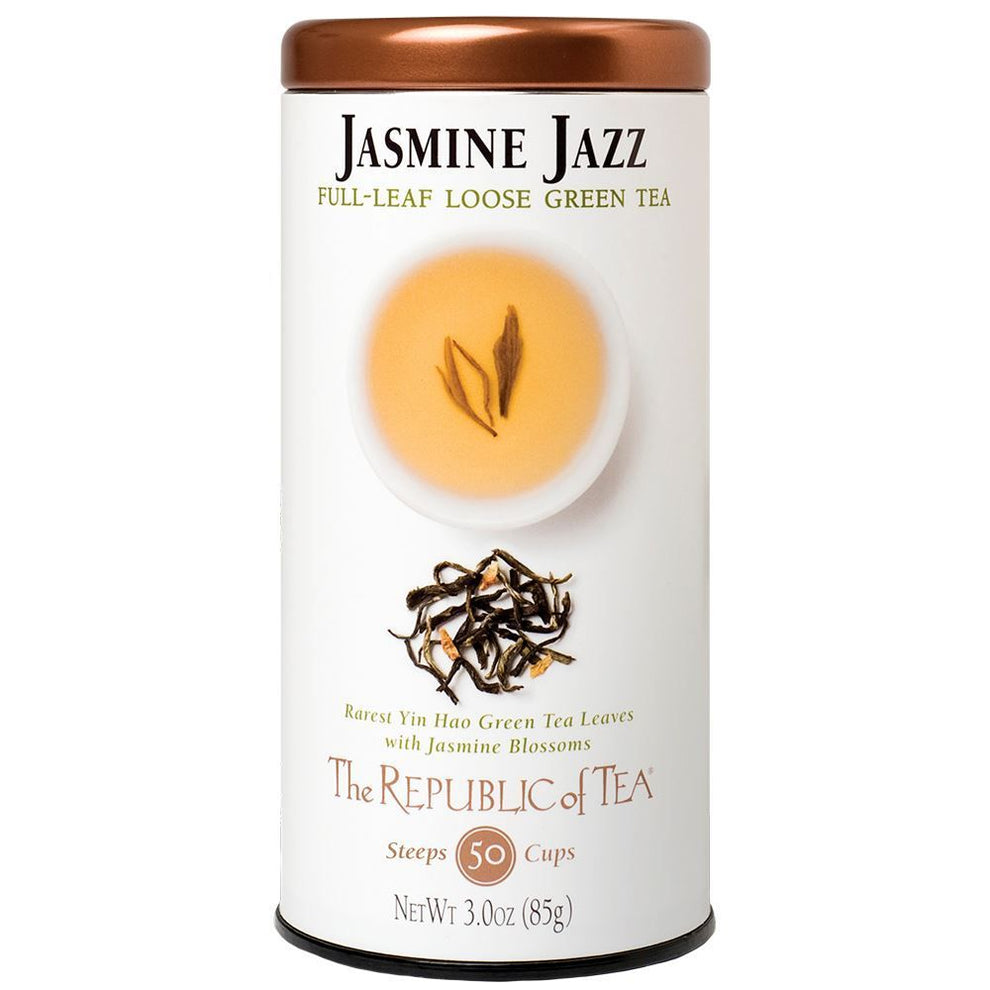 Tea canister labeled 'Jasmine Jazz' from 'The Republic of Tea' on a white background