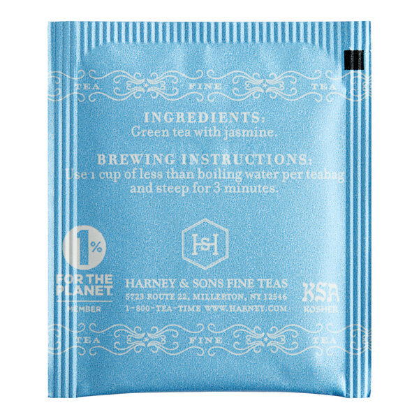 The back of a single bag of Jasmine green tea by Harney & Sons in a soft blue color on a white background.