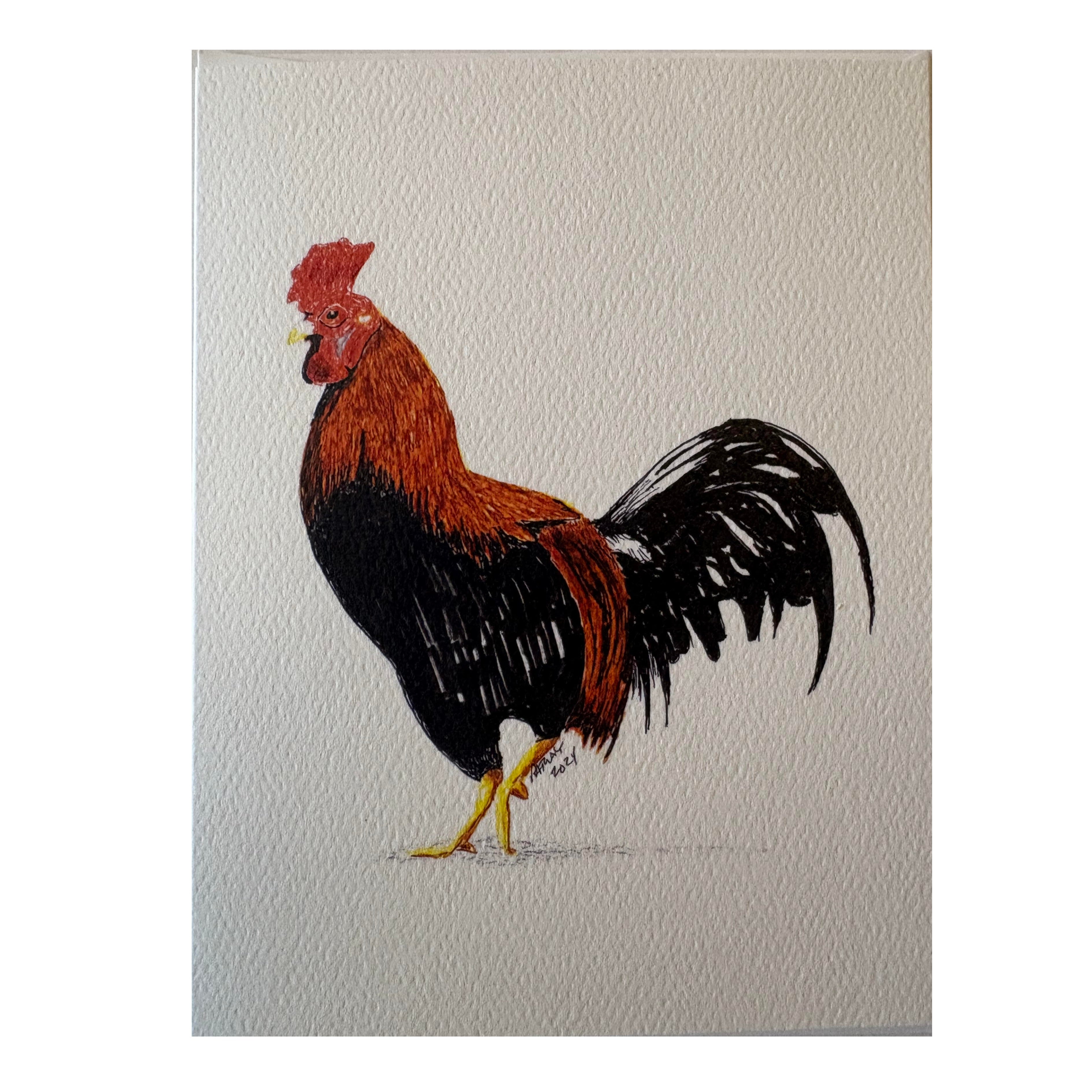 Pen and ink drawing of a rooster on textured beige paper