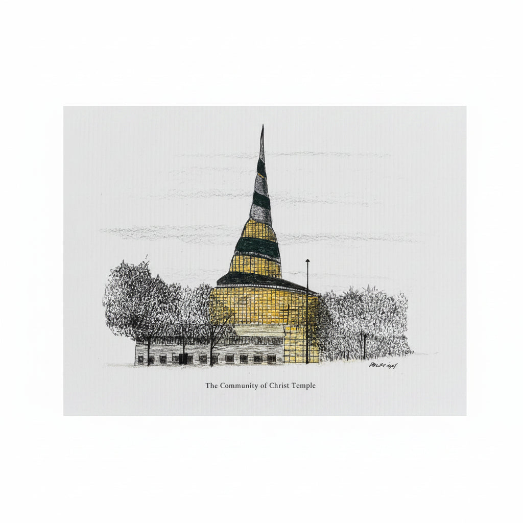 A greeting card featuring a pen and ink drawing of a historical building, titled 'The Community of Christ Temple.'