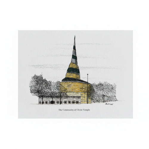 A greeting card featuring a pen and ink drawing of a historical building, titled 'The Community of Christ Temple.'