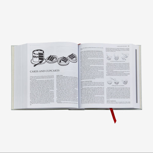 Open cookbook with text and illustrations on a white background