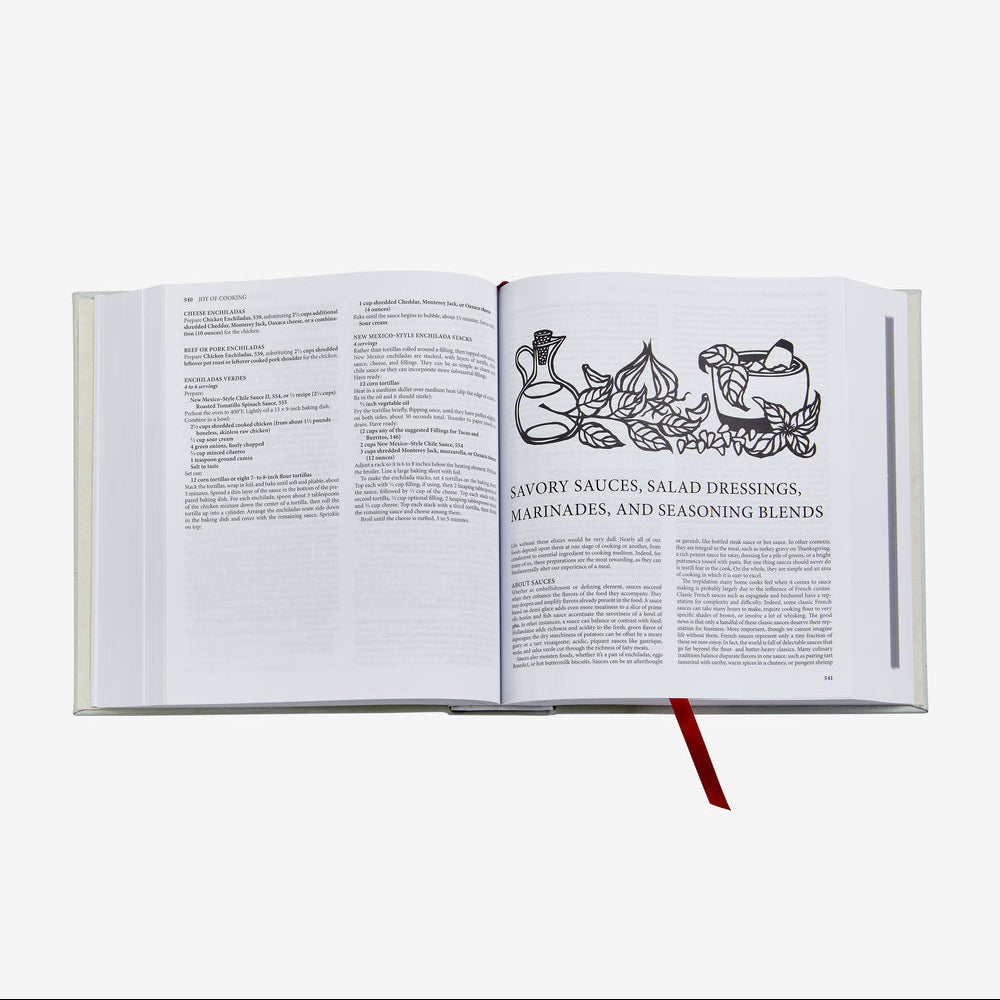 Open cookbook with text and decorative elements on a white background