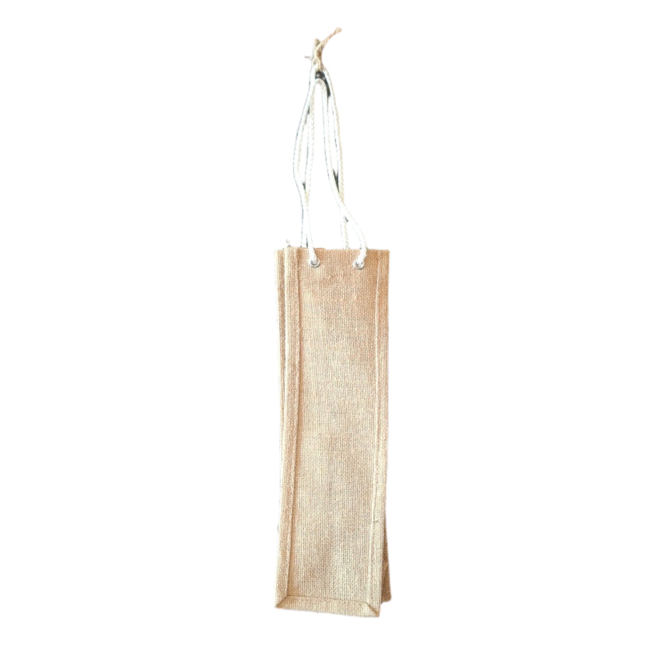 Beige jute wine bag with handles on a white background.