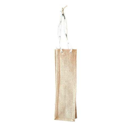 Beige jute wine bag with handles on a white background.