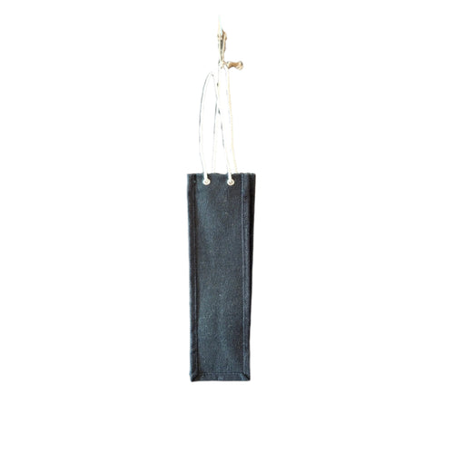 Black drawstring jute bag on a white background.