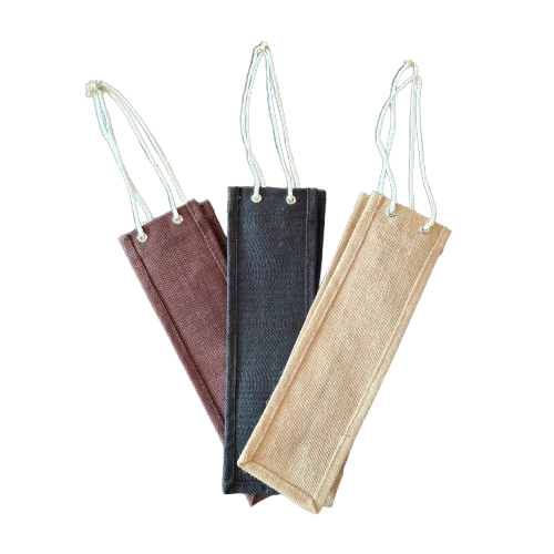 Three jute bags in brown, black, and beige on a white background