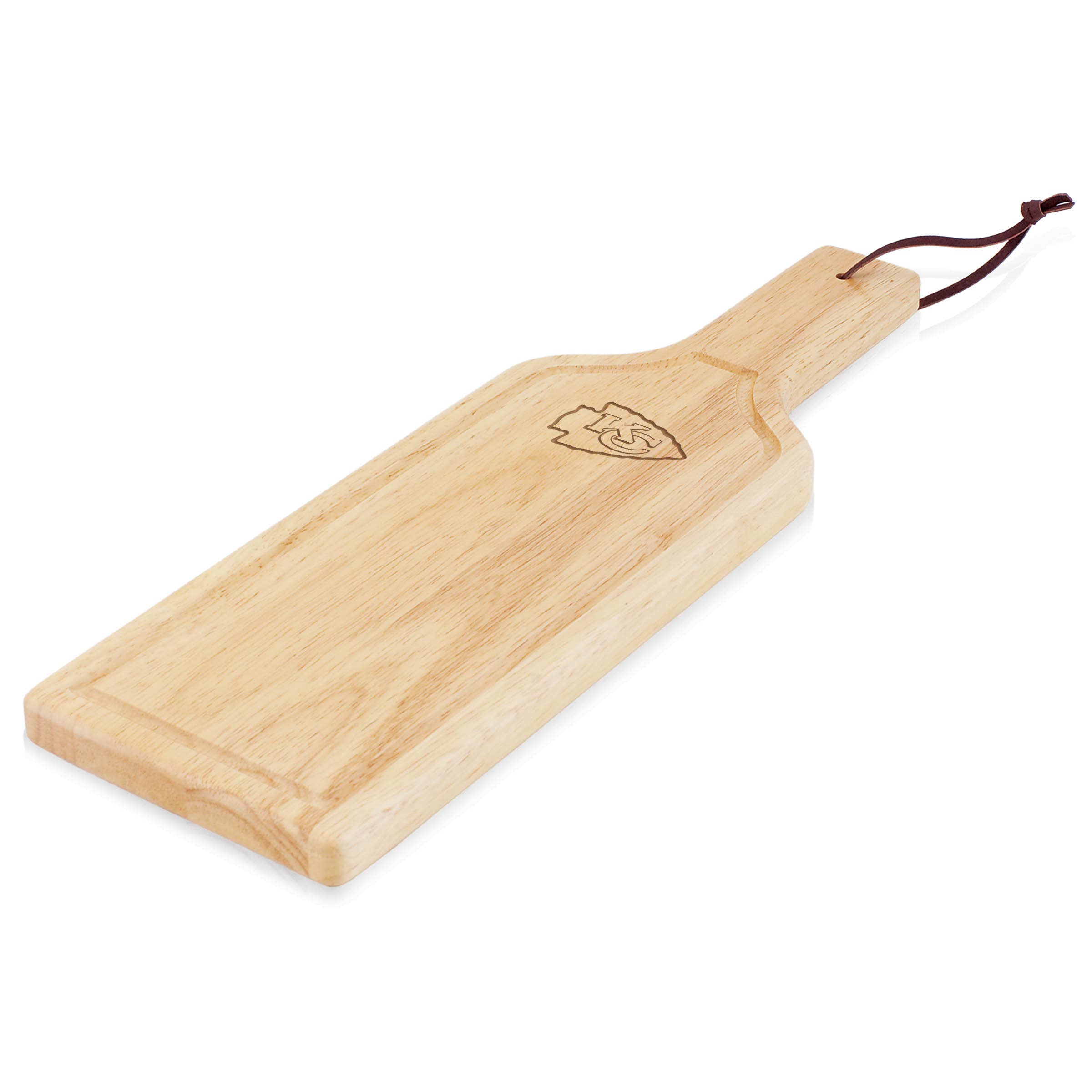 Wooden cutting board with the Kansas City Chiefs logo and a handle on a white background