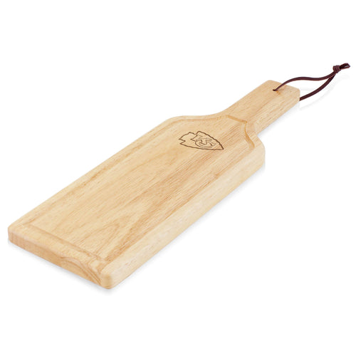 Wooden cutting board with the Kansas City Chiefs logo and a handle on a white background