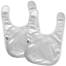 The back of a pair of baby bibs on a white background.