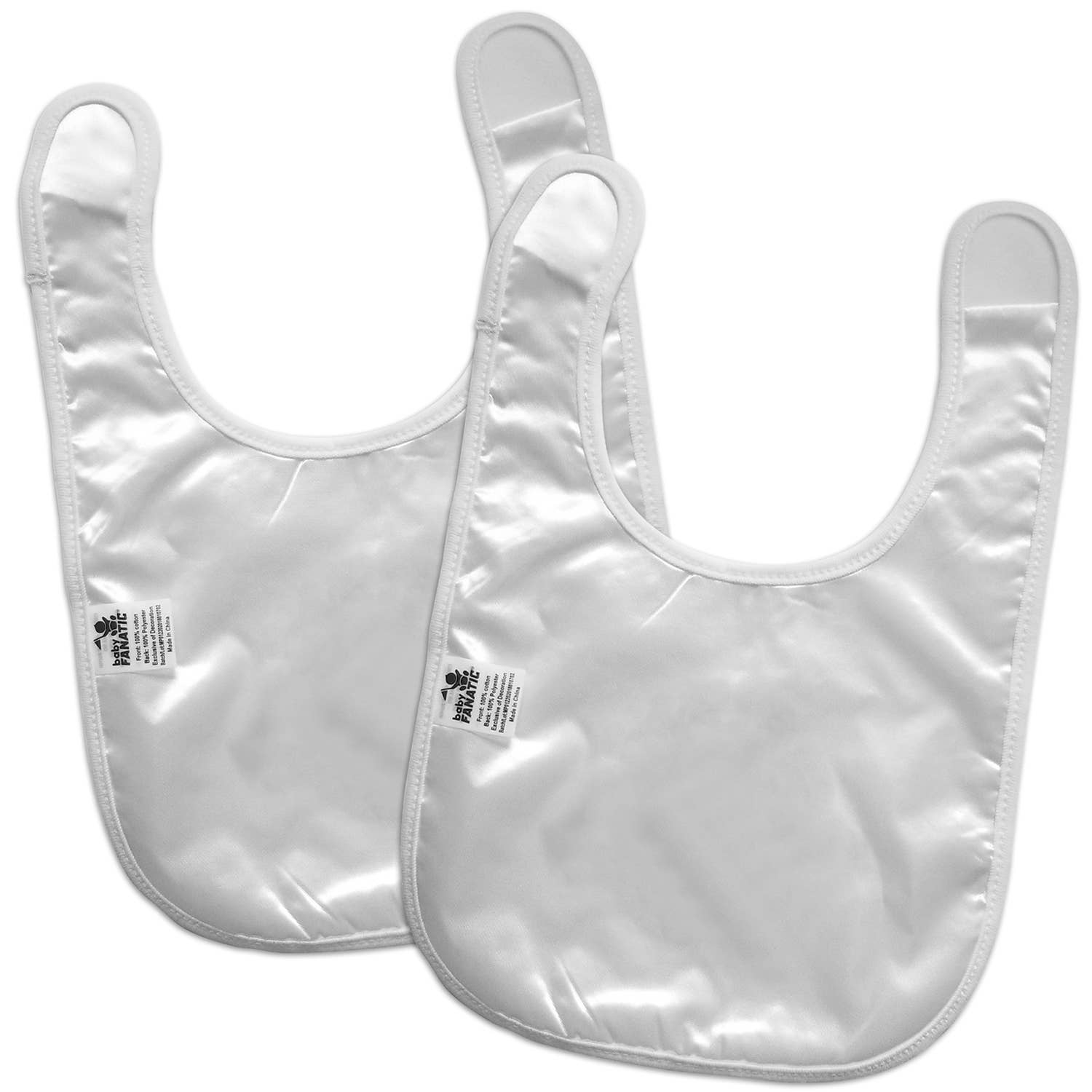 The back of a pair of baby bibs on a white background.