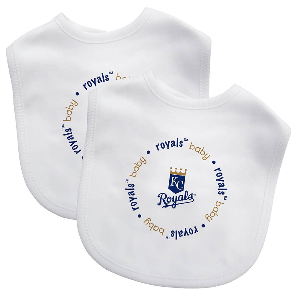 Two white baby bibs with the Kansas City Royals logo and the text 'Royals Baby' on them.
