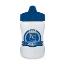 A white sippy cup with a blue lid and Kansas City Royals logo on the front.