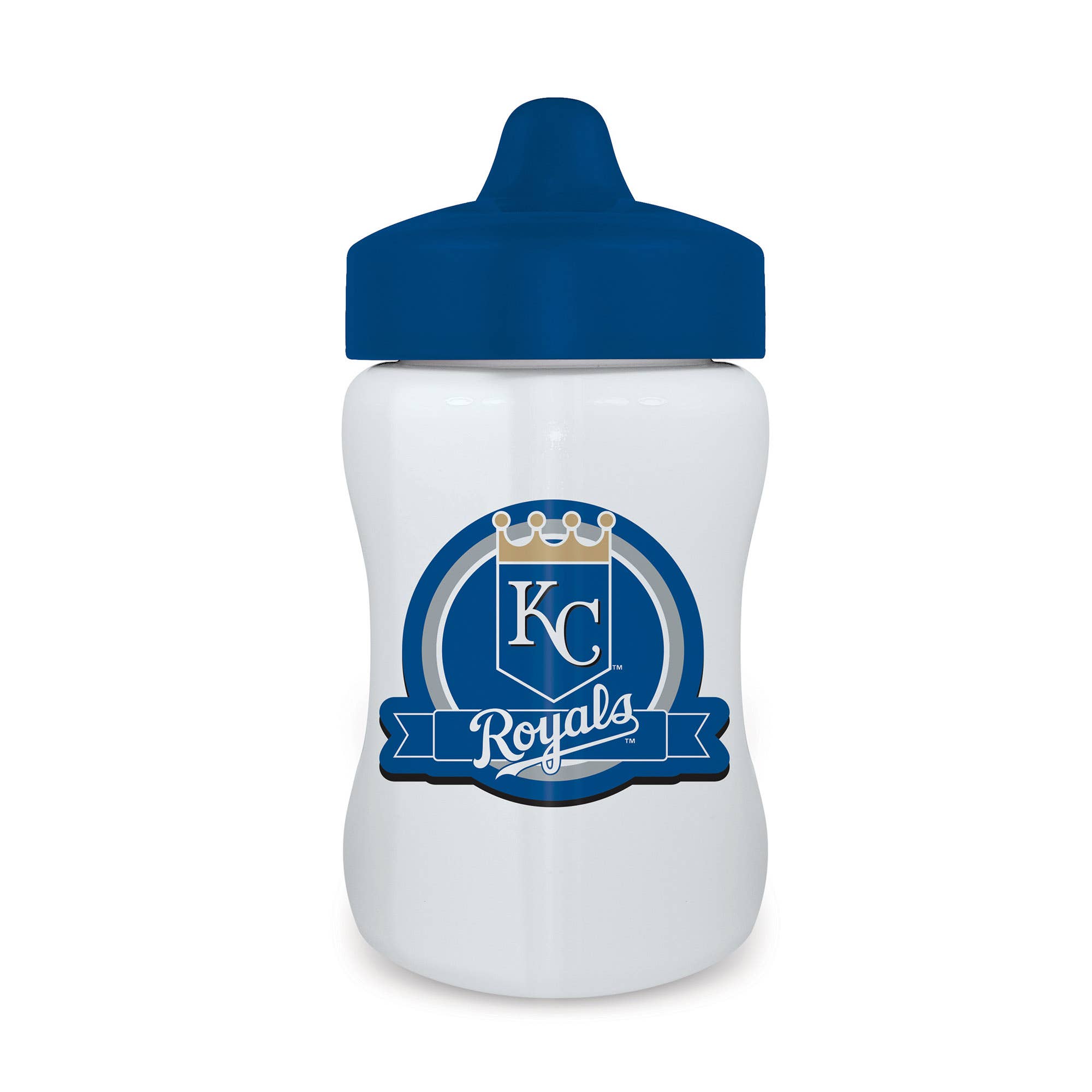 A white sippy cup with a blue lid and Kansas City Royals logo on the front.