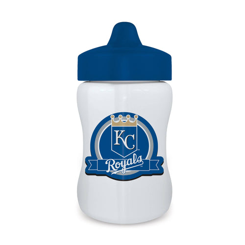 A white sippy cup with a blue lid and Kansas City Royals logo on the front.