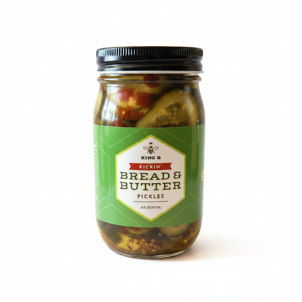 Jar of King Bee's Bread & Butter Pickles on a plain background