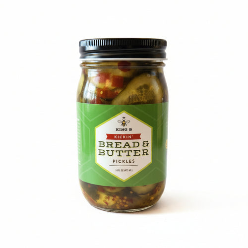 Jar of King Bee's Bread & Butter Pickles on a plain background