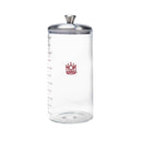 Clear glass container with silver lid and red logo on a white background