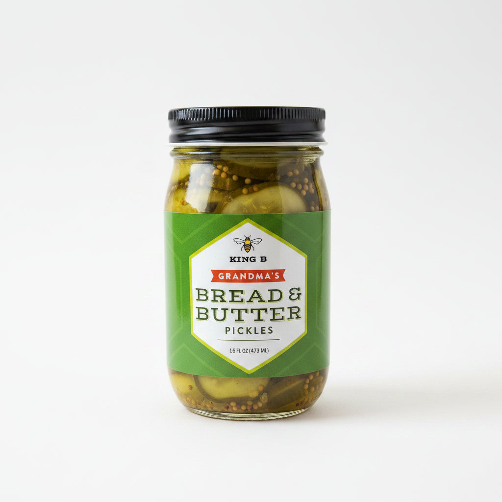 Jar of King Bee Grandma's Bread & Butter Pickles on a light background
