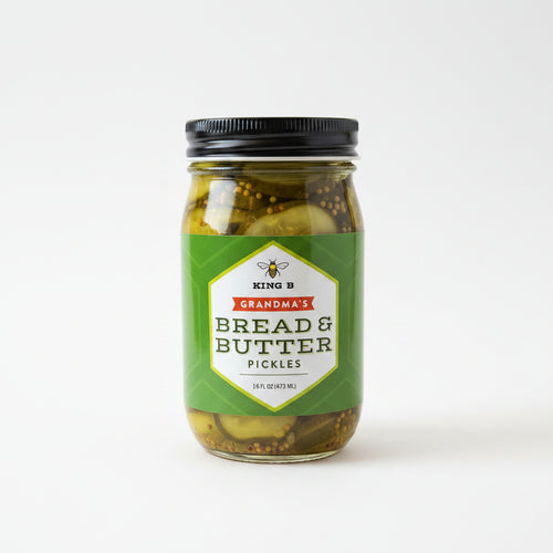 Jar of King Bee Grandma's Bread & Butter Pickles on a light background