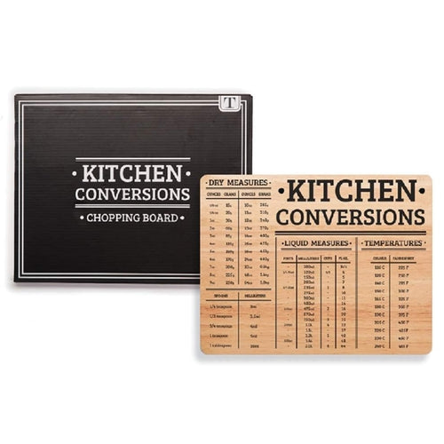 Wooden kitchen conversion board, with black packaging behind it on a white background.