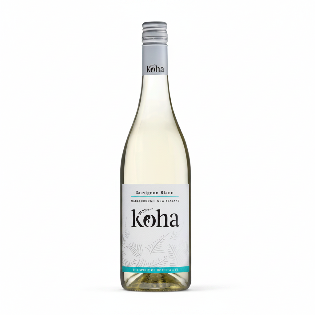 Bottle of Koha Sauvignon Blanc wine on a white background