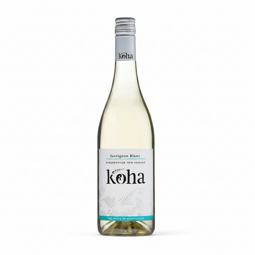 Bottle of Koha Sauvignon Blanc wine on a white background