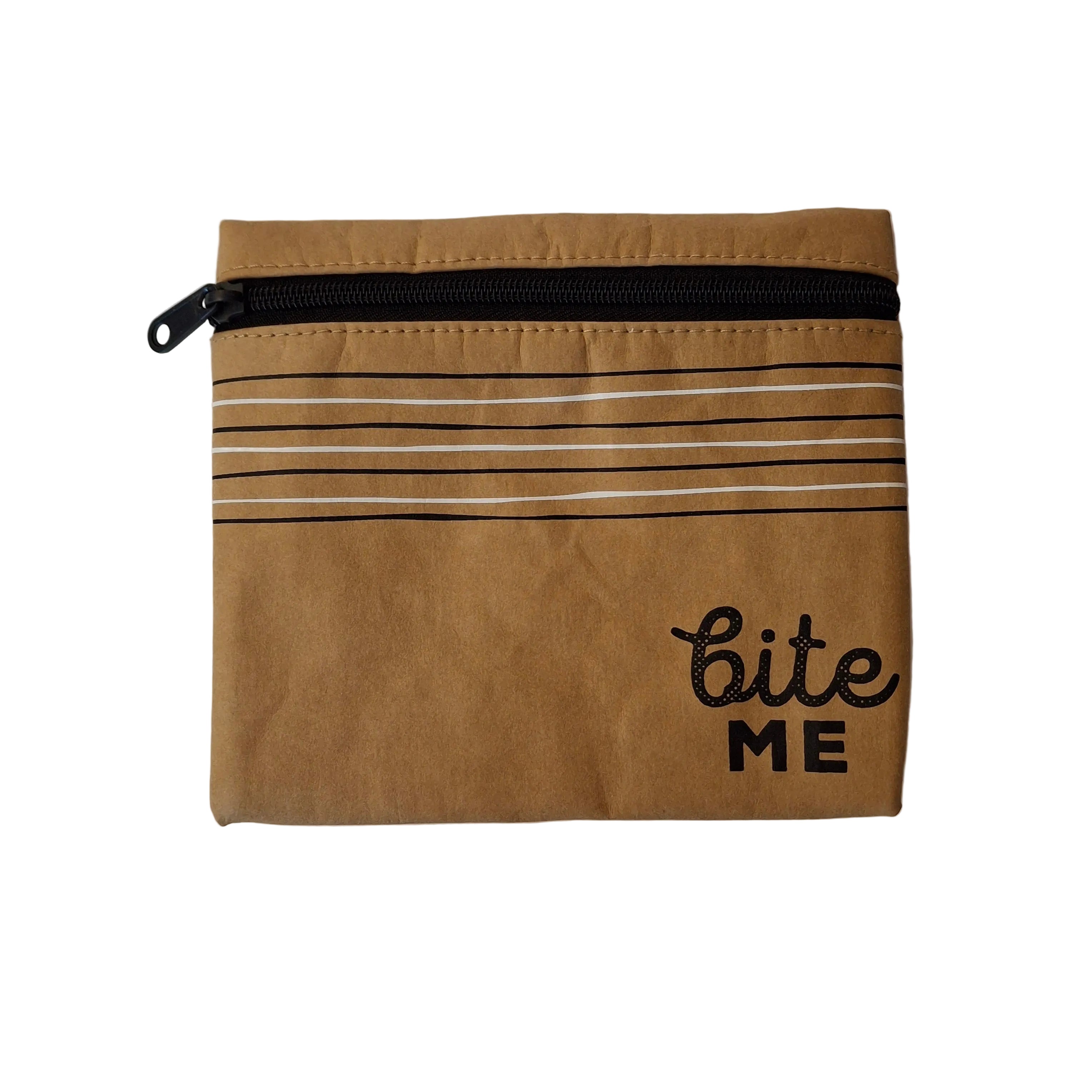A tan canvas zippered pouch with black and white stripes and the embroidered text 'bite ME' on the front, shown against a plain off-white background.