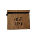 A small brown canvas zippered pouch with the words 'HANGRY HELPER' printed in black on the front, photographed against a plain off-white background.