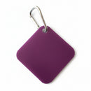 Purple square keychain with a metal carabiner on a light beige background
