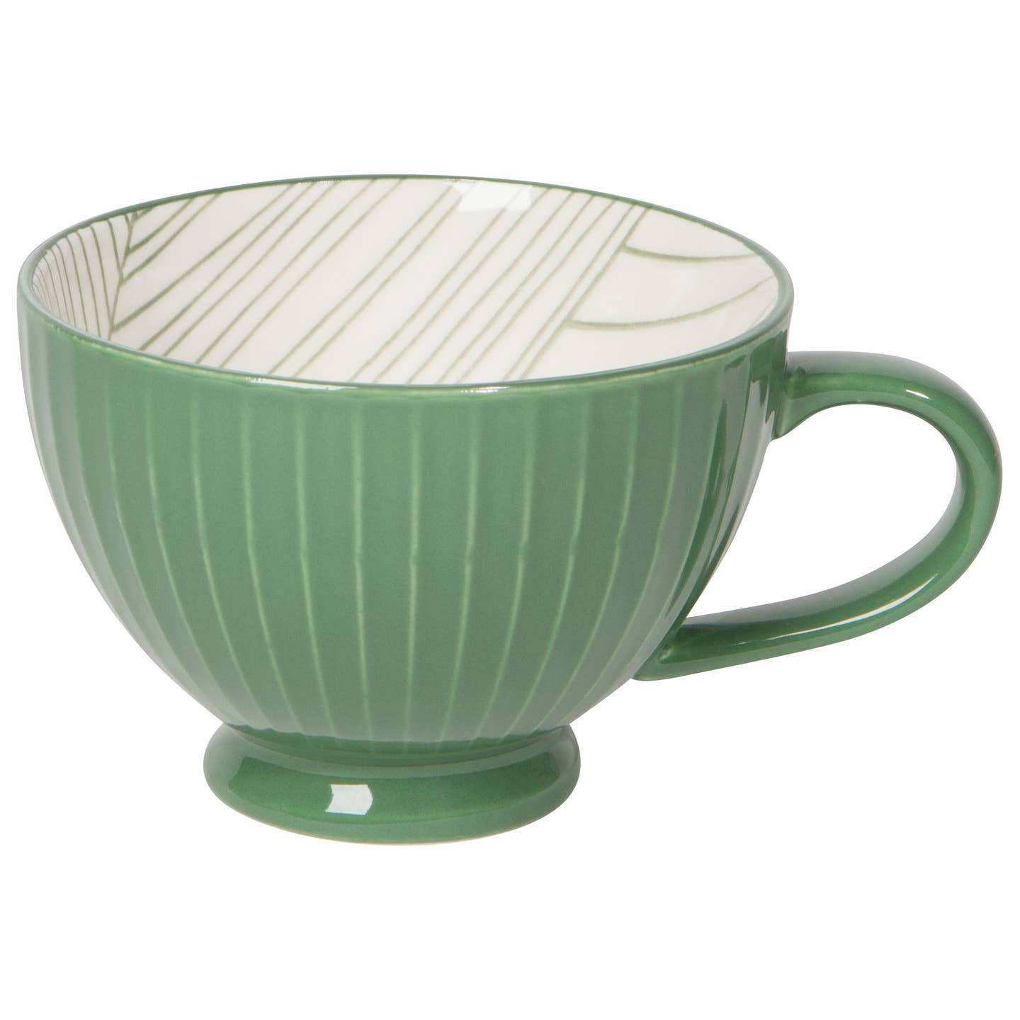 A green porcelain latte mug with a line pattern on the inside and a solid green color on the outside.