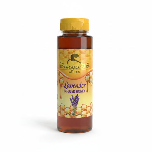 Bottle of lavender infused honey with a yellow cap on a beige background