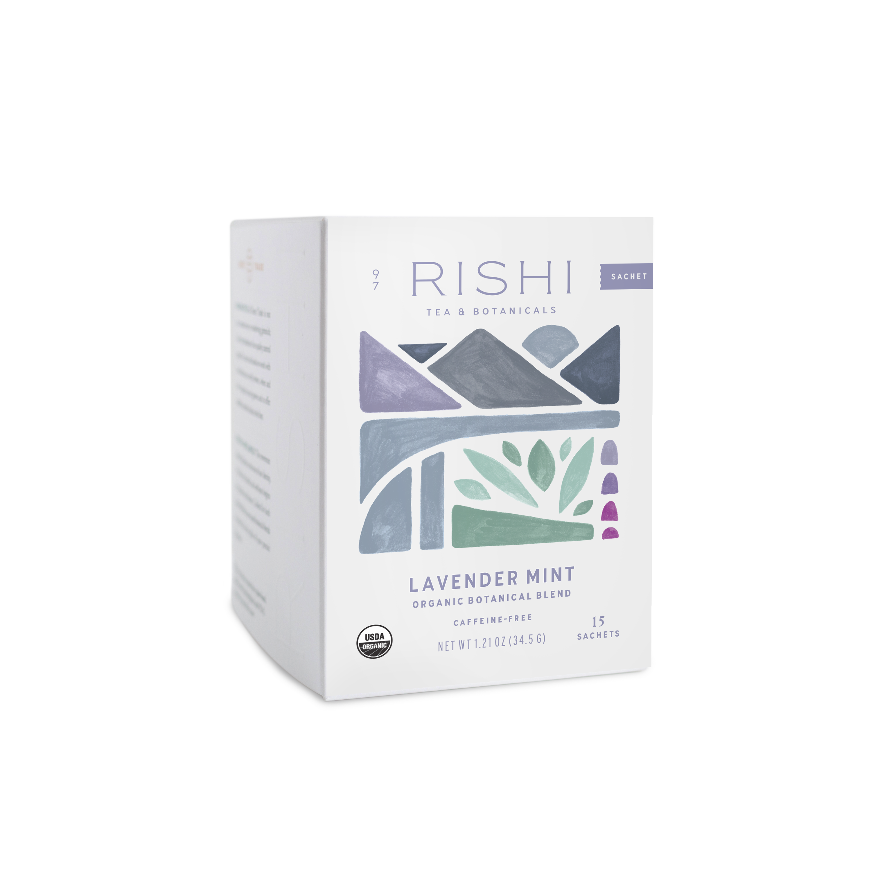 Rishi Tea & Botanicals Lavender Mint tea box on a white background