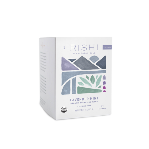 Rishi Tea & Botanicals Lavender Mint tea box on a white background