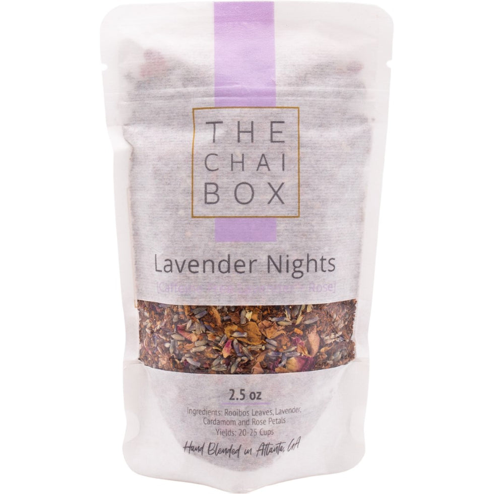 Packaged lavender nights tea from The Chai Box on a white background