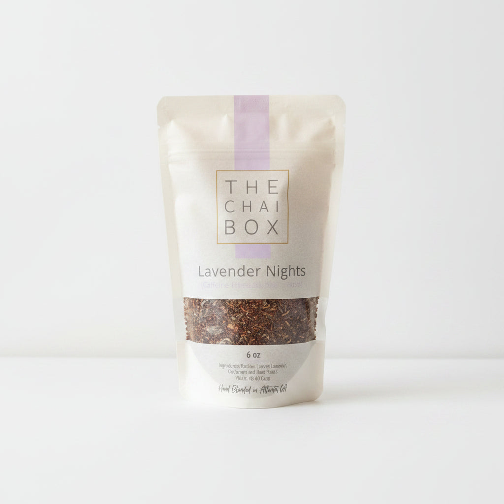 Tea package from 'The Chai Box' labeled 'Lavender Nights' on a plain background