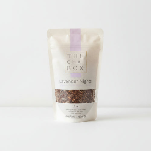 Tea package from 'The Chai Box' labeled 'Lavender Nights' on a plain background