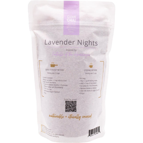 White packaging of 'Lavender Nights' with text and a QR code on a white background