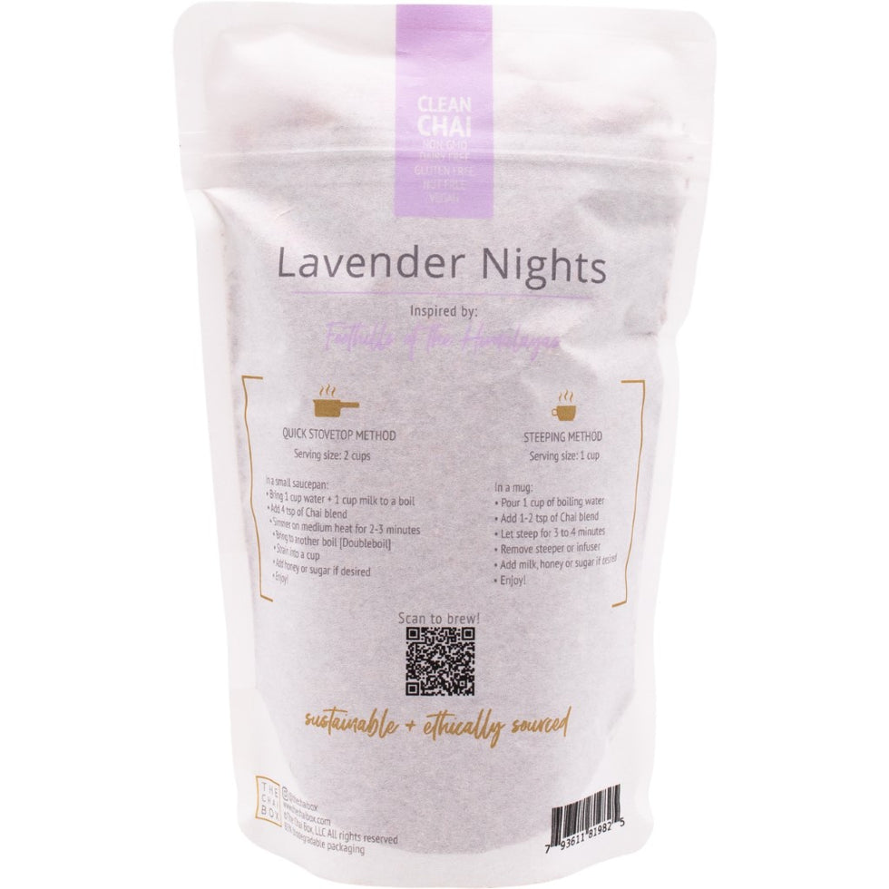 White packaging of 'Lavender Nights' with text and a QR code on a white background