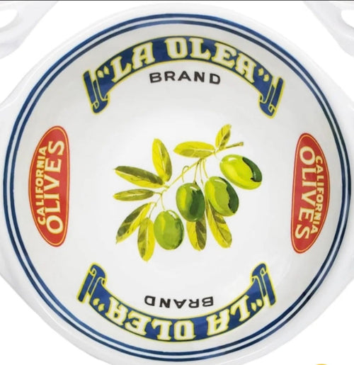 Close-up of a 'La Olea' branded bowl with olive design and text.