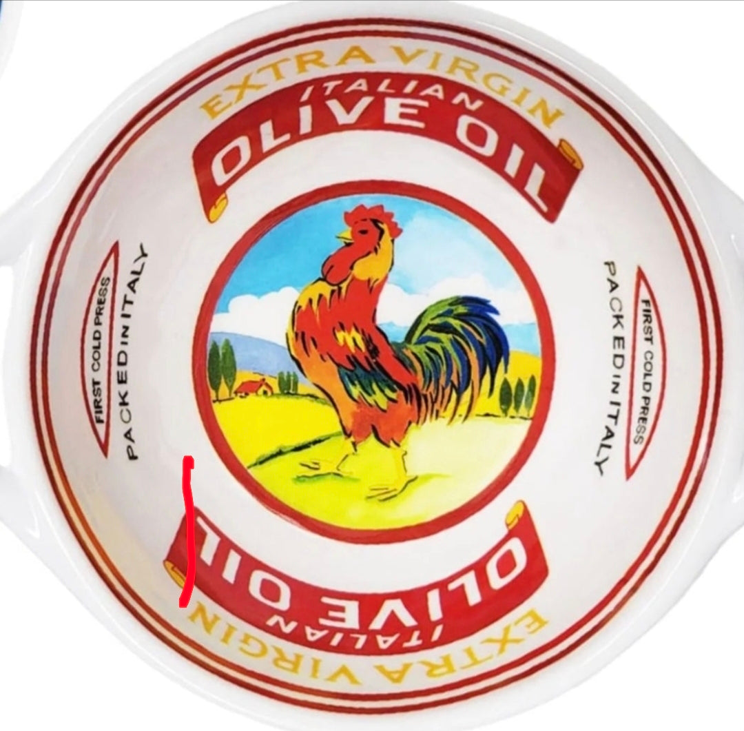 Olive oil label with a rooster illustration on a bowl on a white background