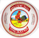 Olive oil label with a rooster illustration on a bowl on a white background